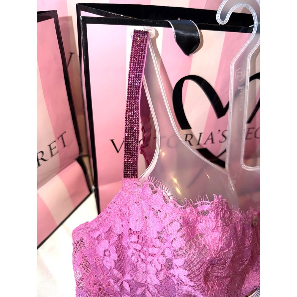 Victoria's Secret Bra Unlined Bling 36D Large V-String Pink Eyelash Lace - Picture 4 of 4